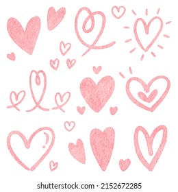 Collection of watercolor illustration pink hearts for decorating beautiful cards, wedding and Valentine’s Day