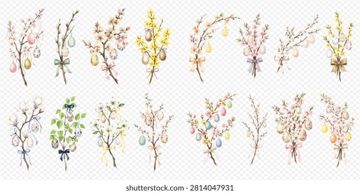 A collection of watercolor illustrations featuring various spring branches adorned with colorful Easter eggs and delicate bows, perfect for holiday designs.