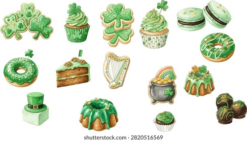 A collection of watercolor illustrations featuring various St. Patrick's Day themed desserts and symbols, predominantly in shades of green.