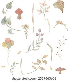 Collection of watercolor illustrations of plants, mushrooms, and balloons