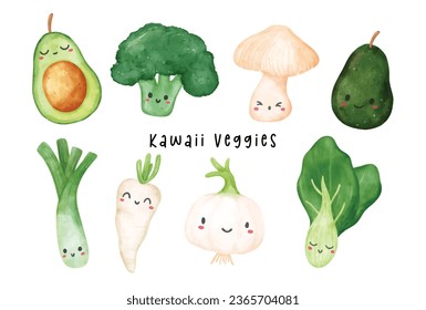 A collection of watercolor kawaii vegetable characters, featuring green, bok choi, avocado, onion, leek, and broccoli.