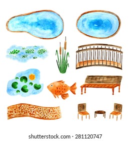 Collection of watercolor landscape elements, pools, water plants, garden furniture svg