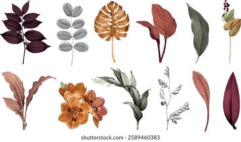 Collection of watercolor leaves and flowers. Botanicals in various colors. Includes leaves, flowers, and botanical designs. Perfect for nature-themed projects. Nature illustrations, vector set.