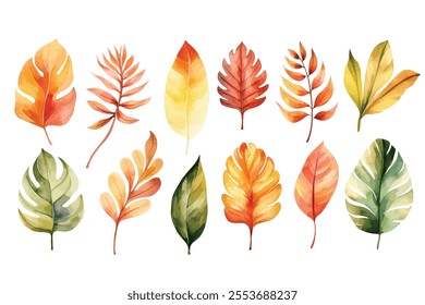 Collection of watercolor leaves, isolated handplanted watercolor leaf 