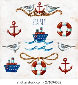 Collection of watercolor nautical symbols. Cartoon nautical icons.Hand drawn vector illustration. can be used for vocation cards, banners, invitation cards, kids party. Sea set.