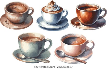 Collection of watercolor painted coffee cups