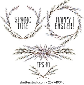 Collection of watercolor pussy-willow wreath and vignettes. Spring branches. Easter decorations. Vector design elements isolated on white background