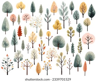 Collection of watercolor scandinavian trees. Cute abstract colored trees. Trendy scandi vector plants.