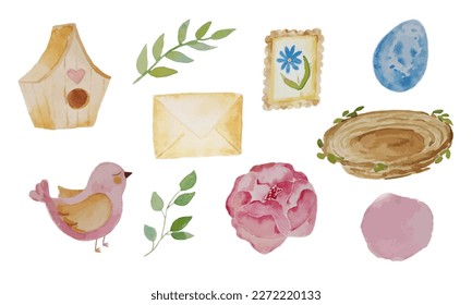 Collection watercolor set with flower ranunculus, pink bird, nest, egg, birdhouse, stamp, envelope and green branch. Vector illustration