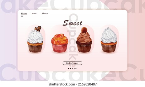 Kollektion von Aquarell süße Cupcake Website-Vorlage Vektordesign ideal für Karten, Banner, Header, Partyplakate oder dekorieren Sie Ihre Kunstwerke.