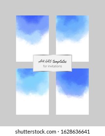 Collection of watercolor templates with blue stains. A4/A5 layouts for invitations, cards, posters. Vector illustration