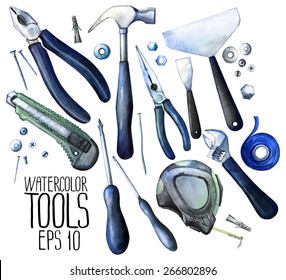 Collection of watercolor tools: cutter, screwdriver, pliers, adjustable wrench, bolt, screw, nut, scotch tape, measuring tape, hammer, dowel nail. Vector design elements isolated on white background