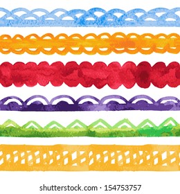 Collection of watercolor vector brushes. Seamless vector trims with watercolor texture.
