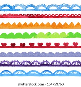 Collection of watercolor vector brushes. Seamless vector trims with watercolor texture.