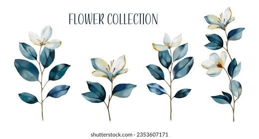 Collection of watercolour flowers isolated on white background. Vector flowers set for wedding decor, wall decor, flower shop logo, decorative botanical element