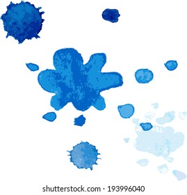 Collection of water-colour spots (splashing, blob, spatter, black blot, splat, blotch, splash). Isolated water-colour drop. Grunge texture.