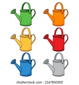 Collection of watering can icons. Cartoon colorful watering cans isolated on white background. Set of gardening tools to water the plants and flowers. Realistic seasonal garden inventory, equipment.