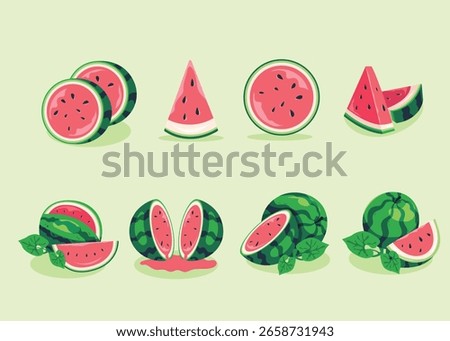 Collection of watermelon illustrations, including whole, halved, and sliced pieces, with seeds and green rinds, presented on a light background.