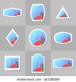 Collection of watermelon postage stamp, cards, notes, stickers, labels, tags. Template for scrapbooking, wrapping, notebooks, notebook, diary, decals, school accessories