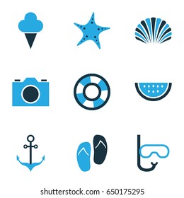 Collection Of Watermelon, Sailing, Shell And Other Elements. Also Includes Symbols Such As Tube, Flop, Anchor.