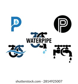 Collection of waterpipe logos with faucets and letter P symbols on white background