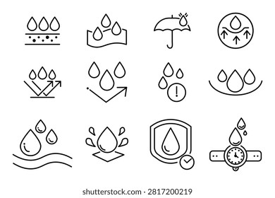 Collection of waterproof icon set with water resistant shield in thine outline. 