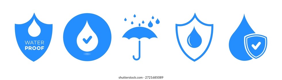 Colección de iconos vectoriales impermeables y resistentes al agua. Incluye símbolos de escudo, gota, paraguas y marca de verificación para el etiquetado y la garantía de calidad del producto.