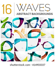 Colección de fondo abstracto de ondas - rayas de curva de color y líneas en diversos conceptos de movimiento y con efectos de luz y sombra. Pancarta de presentación y conjunto de plantillas de diseño de mensajes de tarjeta de visita.