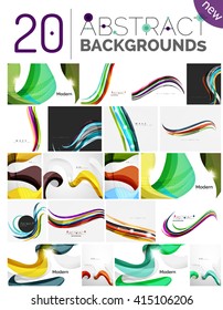 Collection of wave abstract backgrounds - color curve stripes and lines in various motion concepts and with light and shadow effects. Presentation banner and business card message design template set.