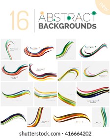 Collection of wave abstract backgrounds - color curve stripes and lines in various motion concepts and with light and shadow effects. Presentation banner and business card message design template set.
