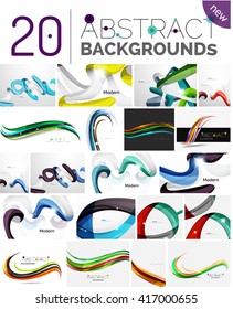Collection of wave abstract backgrounds - color curve stripes and lines in various motion concepts and with light and shadow effects. Presentation banner and business card message design template set.