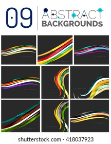 Collection of wave abstract backgrounds - color curve stripes and lines in various motion concepts and with light and shadow effects. Presentation banner and business card message design template set