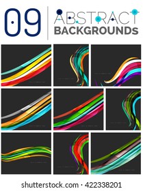 Collection of wave abstract backgrounds - color curve stripes and lines in various motion concepts and with light and shadow effects. Presentation banner and business card message design template set