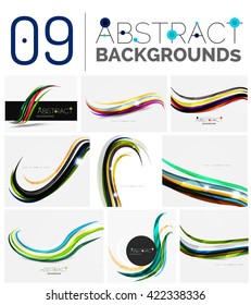 Collection of wave abstract backgrounds - color curve stripes and lines in various motion concepts and with light and shadow effects. Presentation banner and business card message design template set