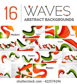 Collection of wave abstract backgrounds - color curve stripes and lines in various motion concepts and with light and shadow effects. Presentation banner and business card message design template set.