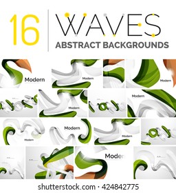 Collection of wave abstract backgrounds - color curve stripes and lines in various motion concepts and with light and shadow effects. Presentation banner and business card message design template set.