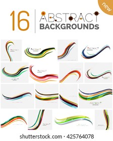 Collection of wave abstract backgrounds - color curve stripes and lines in various motion concepts and with light and shadow effects. Presentation banner and business card message design template set.