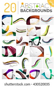Colección de fondo abstracto de ondas - rayas de curva de color y líneas en diversos conceptos de movimiento y con efectos de luz y sombra. Pancarta de presentación y conjunto de plantillas de diseño de mensajes de tarjeta de visita.