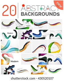 Collection of wave abstract backgrounds - color curve stripes and lines in various motion concepts and with light and shadow effects. Presentation banner and business card message design template set.