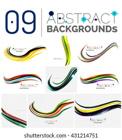Collection of wave abstract backgrounds - color curve stripes and lines in various motion concepts and with light and shadow effects. Presentation banner and business card message design template set