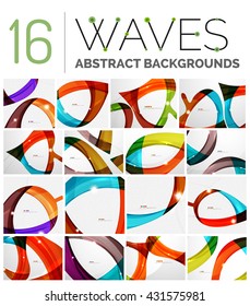 Colección de fondo abstracto de ondas - rayas de curva de color y líneas en diversos conceptos de movimiento y con efectos de luz y sombra. Pancarta de presentación y conjunto de plantillas de diseño de mensajes de tarjeta de visita.