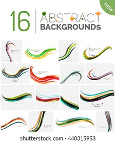 Collection of wave abstract backgrounds - color curve stripes and lines in various motion concepts and with light and shadow effects. Presentation banner and business card message design template set.