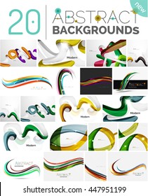 Collection of wave abstract backgrounds - color curve stripes and lines in various motion concepts and with light and shadow effects. Presentation banner and business card message design template set.