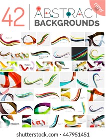 Collection of wave abstract backgrounds - color curve stripes and lines in various motion concepts and with light and shadow effects. Presentation banner and business card message design template set.