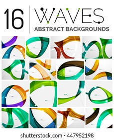 Collection of wave abstract backgrounds - color curve stripes and lines in various motion concepts and with light and shadow effects. Presentation banner and business card message design template set.