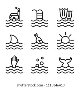 Collection of waves icons. Symbols of diver, pool, sea, fish, summer, swimming.

