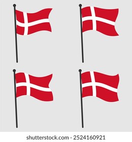 Collection of Waving Denmark Flags on Poles Isolated on Gray Background. Flat Style Editable and Scalable Vector EPS. Icon, Symbol, or Graphic Design Element for Easy Printing