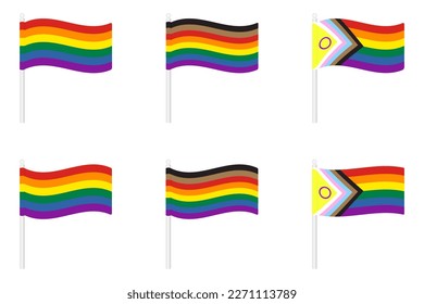 Colección de la bandera Waving Pride. Colección del icono del símbolo del arco iris LGBT. Ilustración vectorial plana