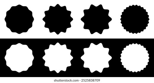 Collection of Wavy edge circle sticker. Star burst shape tags for price. Blank sale round sticker. Vector illustrations set isolated on black and white background.