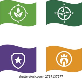 Collection of Wavy Flags with Nature, Navigation, Protection, and Royalty Symbols